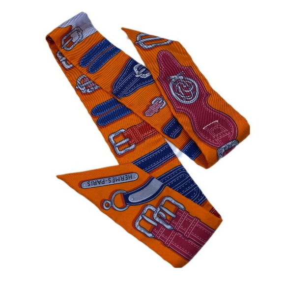 HERMES Twilly Belt Rope Orange Red Blue Scarf Muffler Silk Collar Accessory B... - Picture 2 of 5